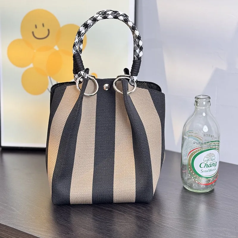 Fashion Korean Style Bucket Bag Niche Contrasting Stripe Handbag Simple Versatile Knitted Bag Portable Large-capacity Square Bag