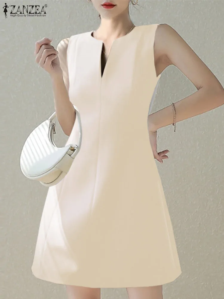 

ZANZEA Women V Neck Mini Dress Solid Color Elegant Tank Dresses Patchwork 2023 Summer Vestido Sleeveless Casual Fashion Sundress