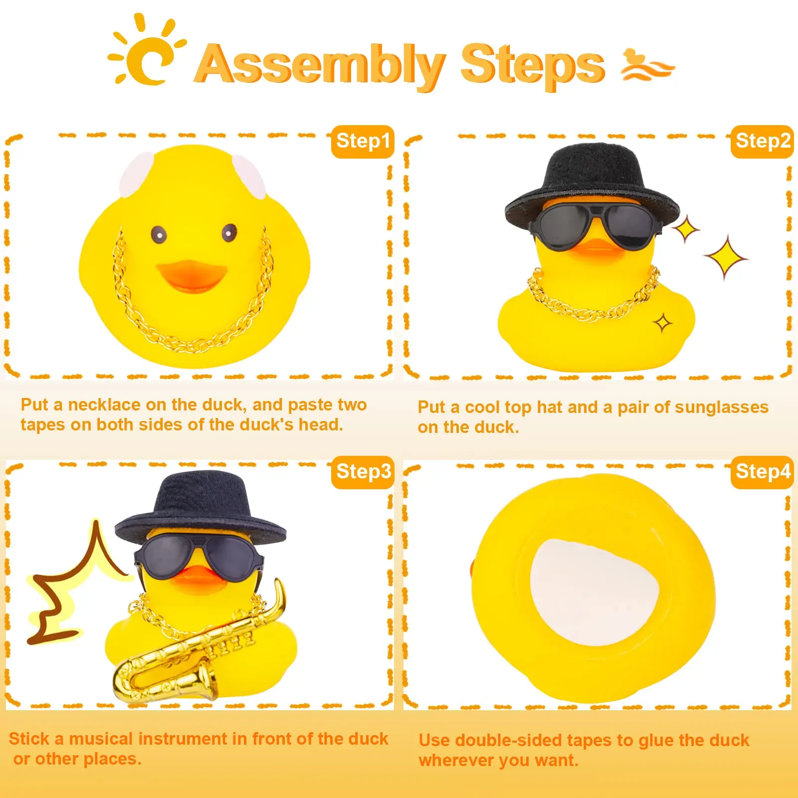 Car Rubber Duck Ornaments Yellow Duck Car Dashboard Decorations with Musical Instruments Mini Top Hat Guitar Sunglasses Necklace 4
