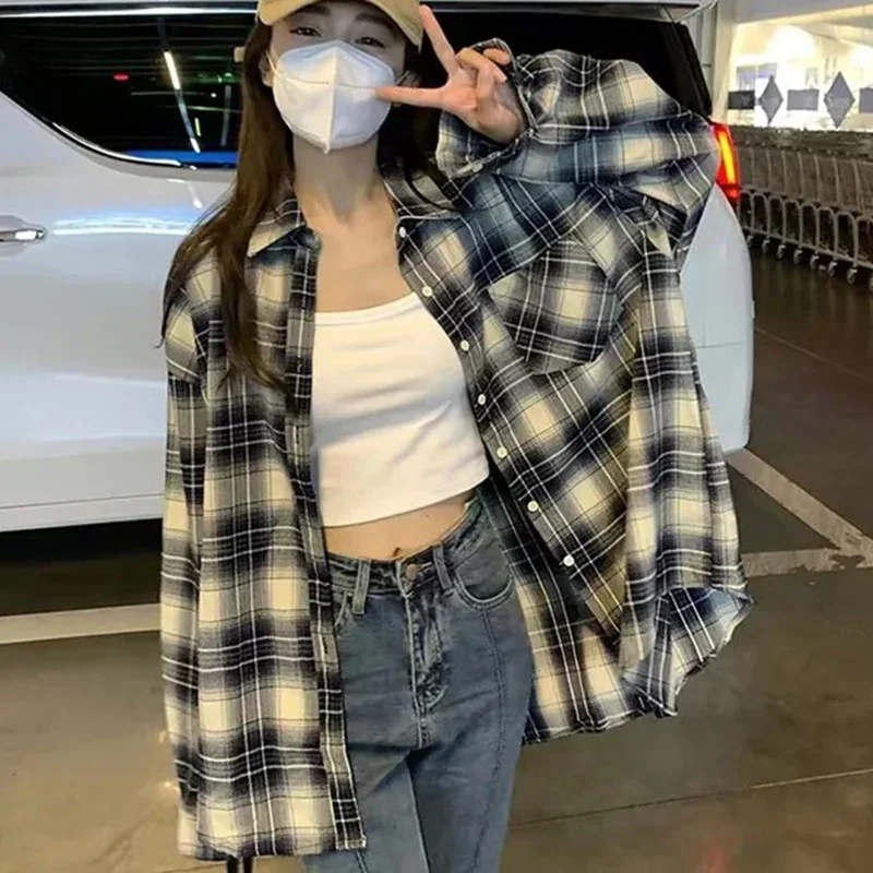 

Autumn All Match Plaid Shirts for Women Korean Fashion Button Up Oversized Shirt Woman 2024 Aesthetic Loose Blouse Female