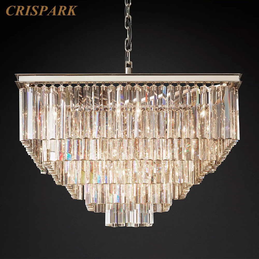 

1920s Odeon Square Chandelier Nickel Modern Pendant Chandelier Lamp LED Clear Smoke Prism Crystal Lustre Fixture for Living Room