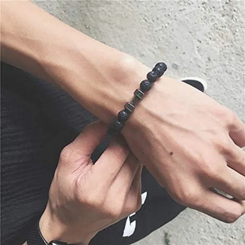 SUPERFINDINGS 5 Bracciali Con Manubri In Pietra Lavica Naturale, Perline Elasticizzate Per Uomo, Gioielli Fitness Anti-Ansia, Regalo Palestra