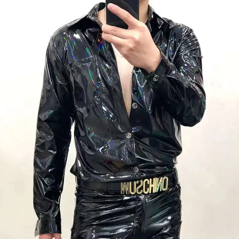 15 Colors Mirror Reflective ShinnyLeather Shirt Men's Slim Fit Shirt Night Club Performance Dress PU Leather Strechy