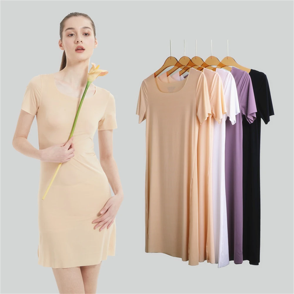 summer sexy Seamless Ice Silk Full Slips Dresses For Women Thin Short Sleeve Mini Cool Petticoat Underkirt Sleepwear Dress