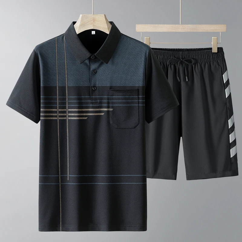Fashion Lapel All-match Printed Short Sleeve Striped Men's Sets 2024 Summer New Loose Elastic Lace Up High Waist Shorts Sets