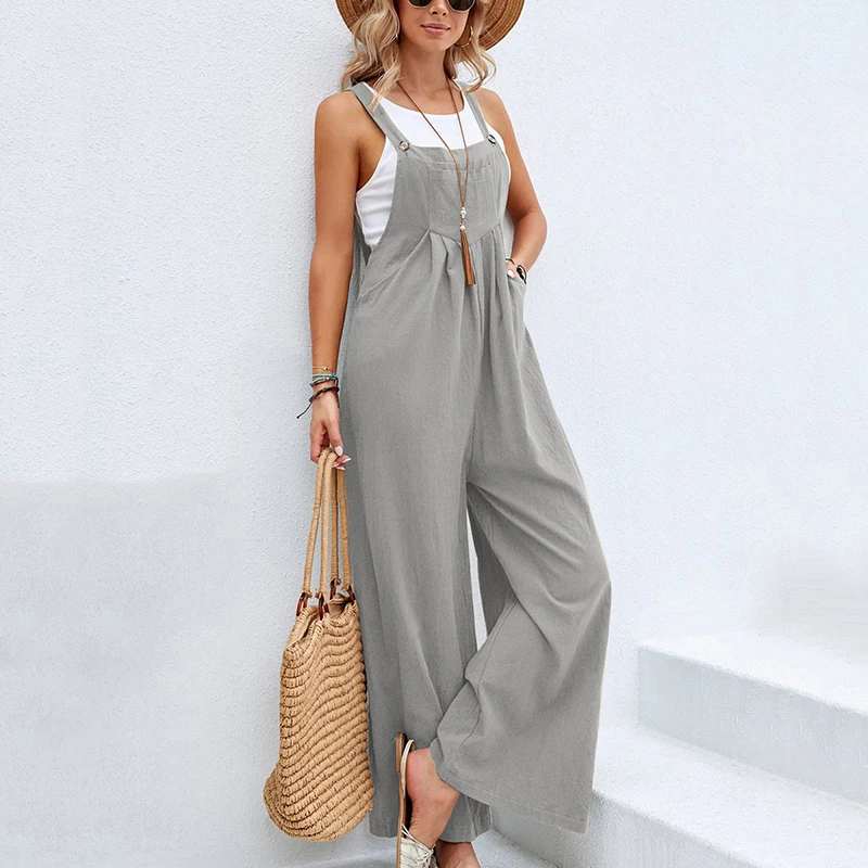

2023 Spring Summer Elegant Wide Leg Jumpsuit Streetwear Overalls Cotton Pockets Casual Oversize Suspender Long Women Jumpsuits