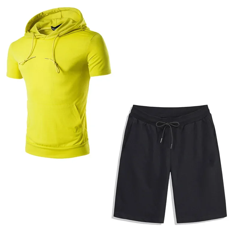 Summer Men Tracksuit Hooded Short Sleeve T Shirt and Shorts Two Pieces Set Solid Color Casual Breathable Male Joggers Outfits