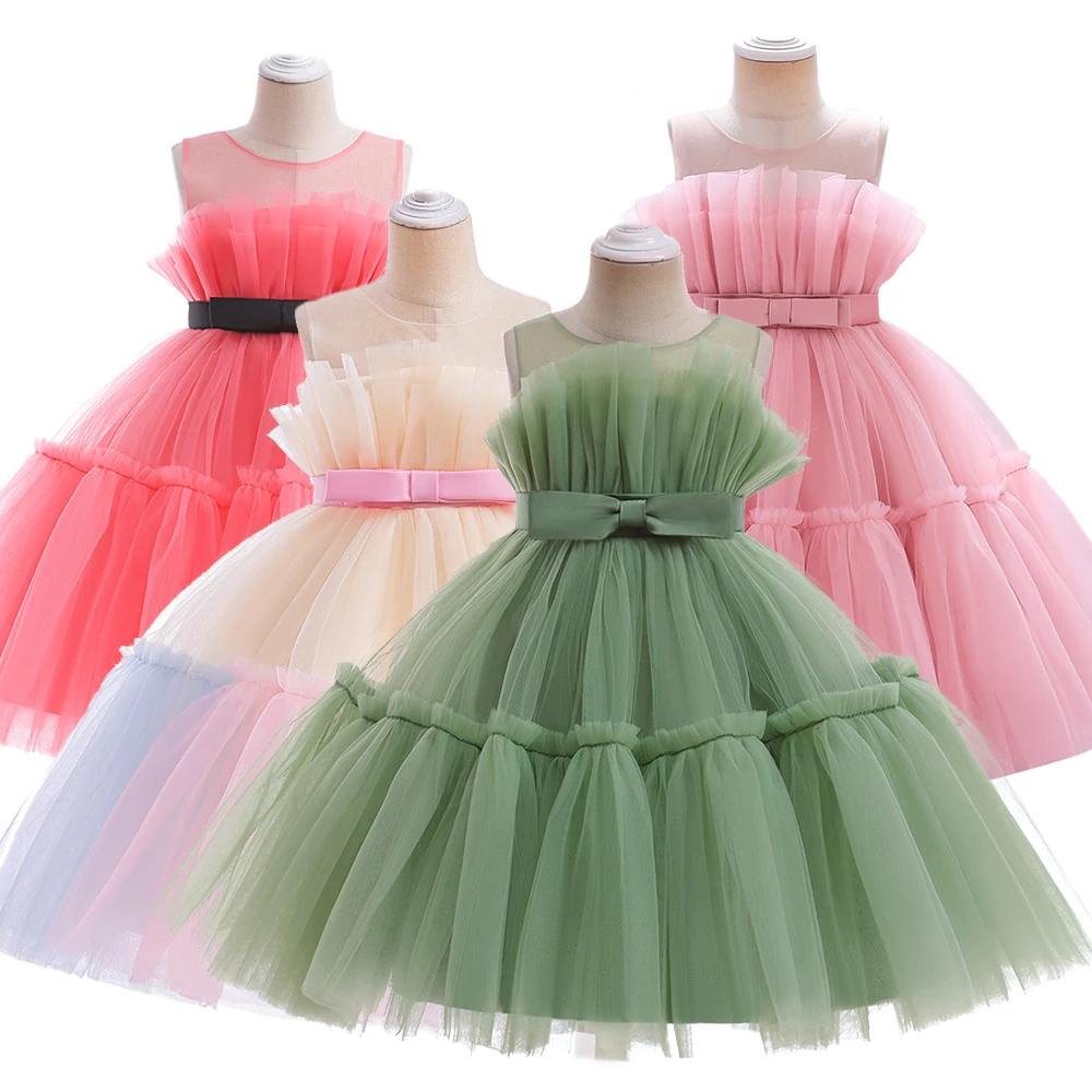 

Summer Kids Sage Green Knee-length Princess Dress Pink Tulle Birthday Party Ball Gown Carnival Pageant Costume for 1-12-Yr Girls