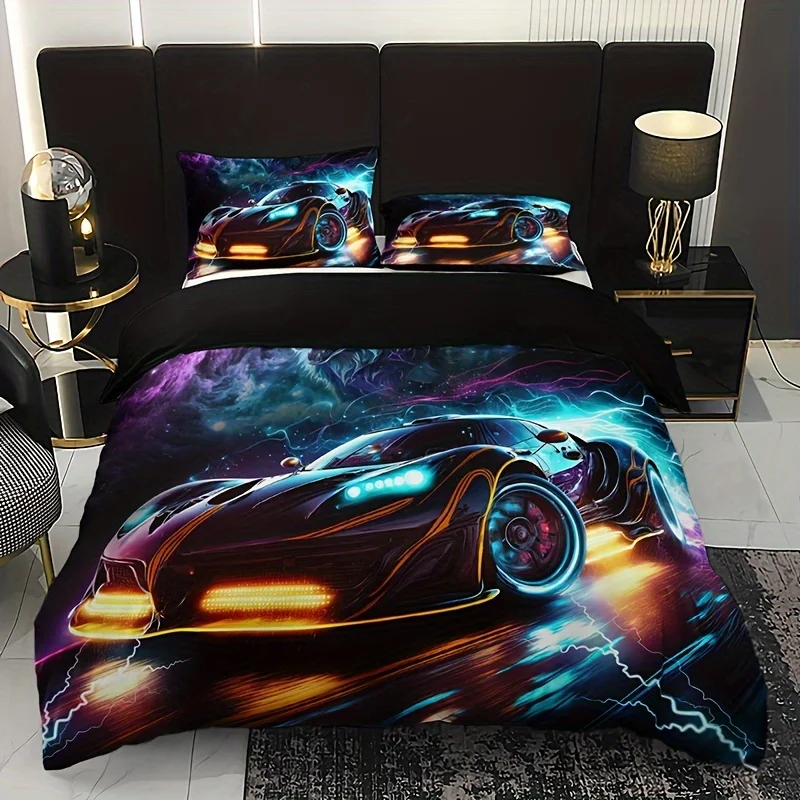 3pcs 3D Wolf Super Car Duvet Cover Set With 2 Pillowcases (No Inserts), High-Definition Print Bedding For Home & Dorm Decor