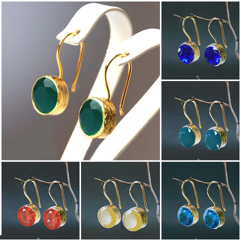 Trendy Round Dark Green Stone Drop Earrings for Women Fashion Jewelry Gold Color AAA Cubic Zircon Circle Wedding