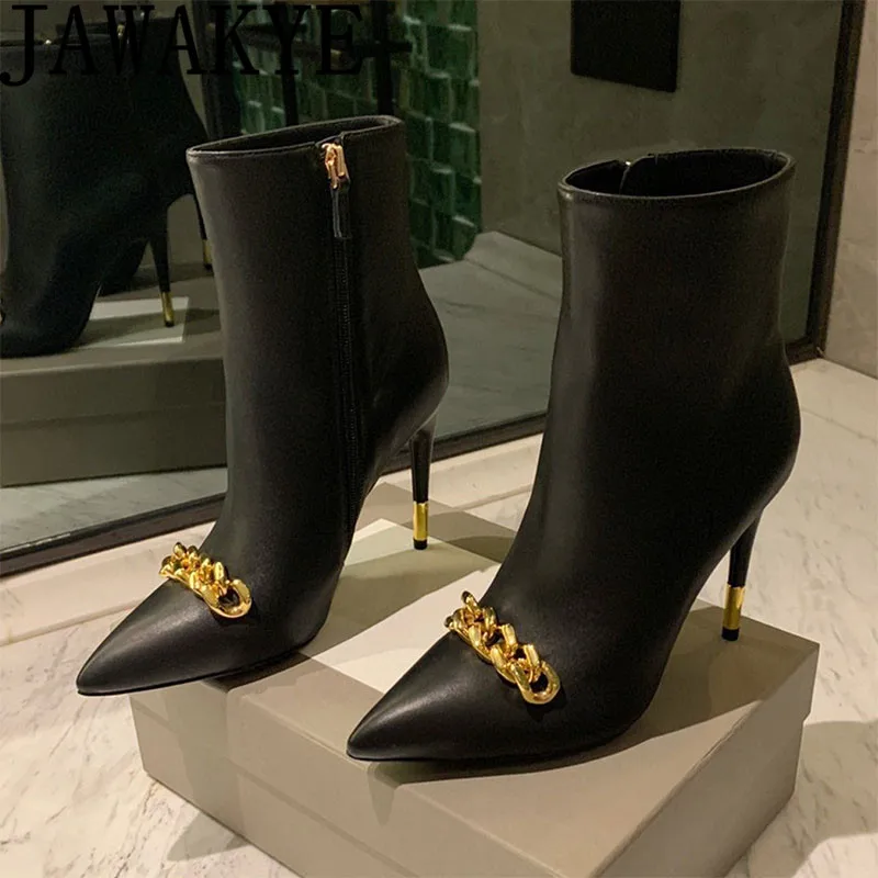 

Formal Ladies Black Leather Short Boots Women Pointy Toe Brand Designer Ankle Boots Gold Chain High Heel Banquet Shoes Women