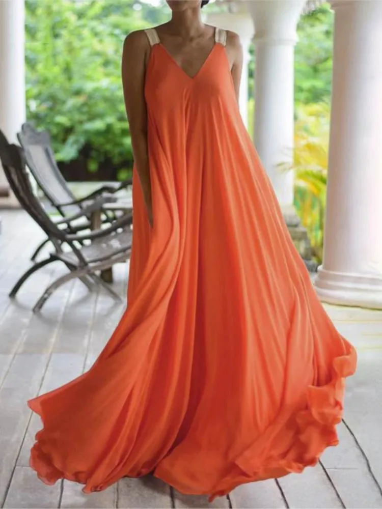 GAOVOT Women's Bohemian Tiered Maxi Dress - Sleeveless, Flowy With Pockets, Orange, X-Large
