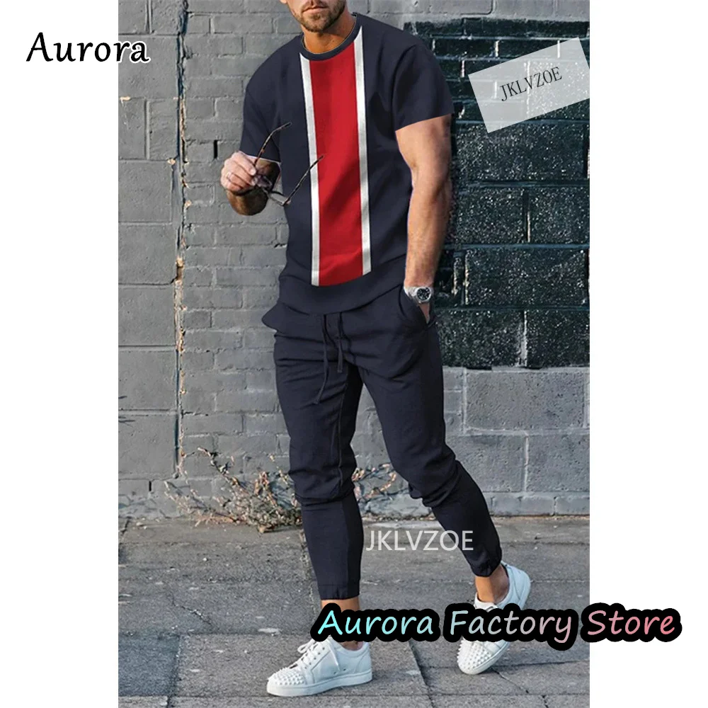 Men's Summer Fashion Stripe T-Shirt Trousers Set Male Casual Tracksuit Chic Jogging Suit 2 Pieces Outfit Outdoor Clothing new summer men s striped print tracksuit solid color t shirt trousers set fashion jogging suit casual outfit male chic clothing