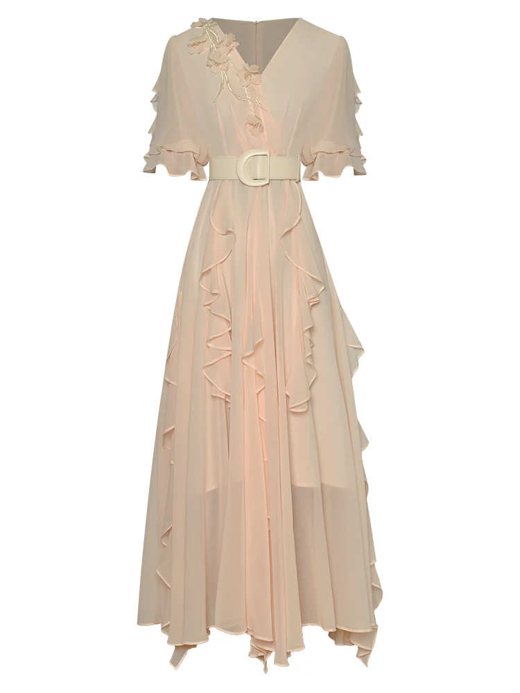 

High Quality Summer Fashion Milky White Green Belt Party Runway Luxury Gorgeous Elegant Girls Chic Midi Long Dresses For Women