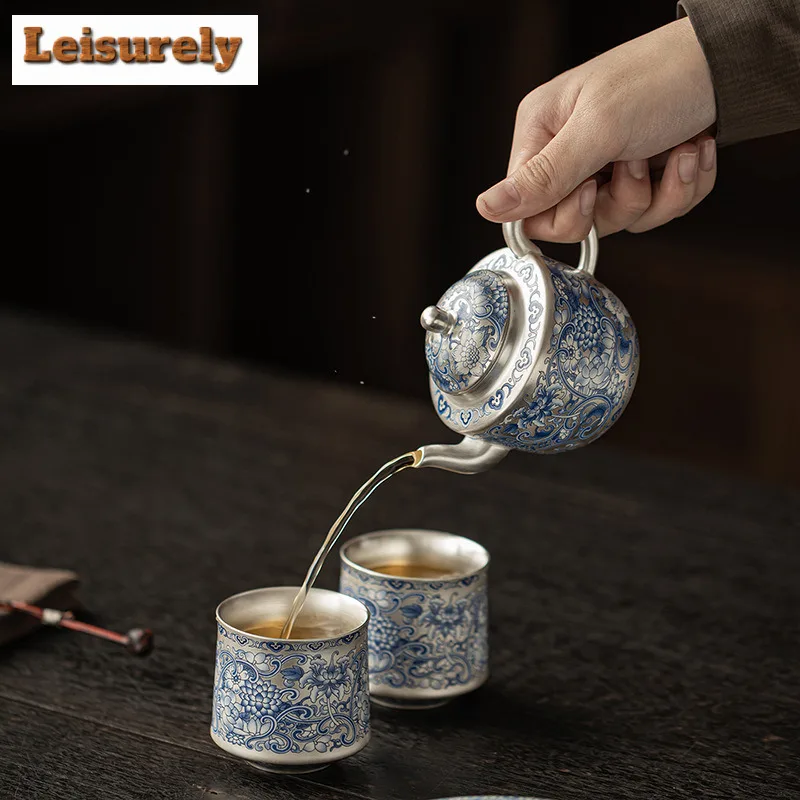 Handmade Gilt Silver Twining Lotus Tea Set Complete Set Japanese Tea Ceremony Set Household Teapot and Tea Cup Set Teaset Craft