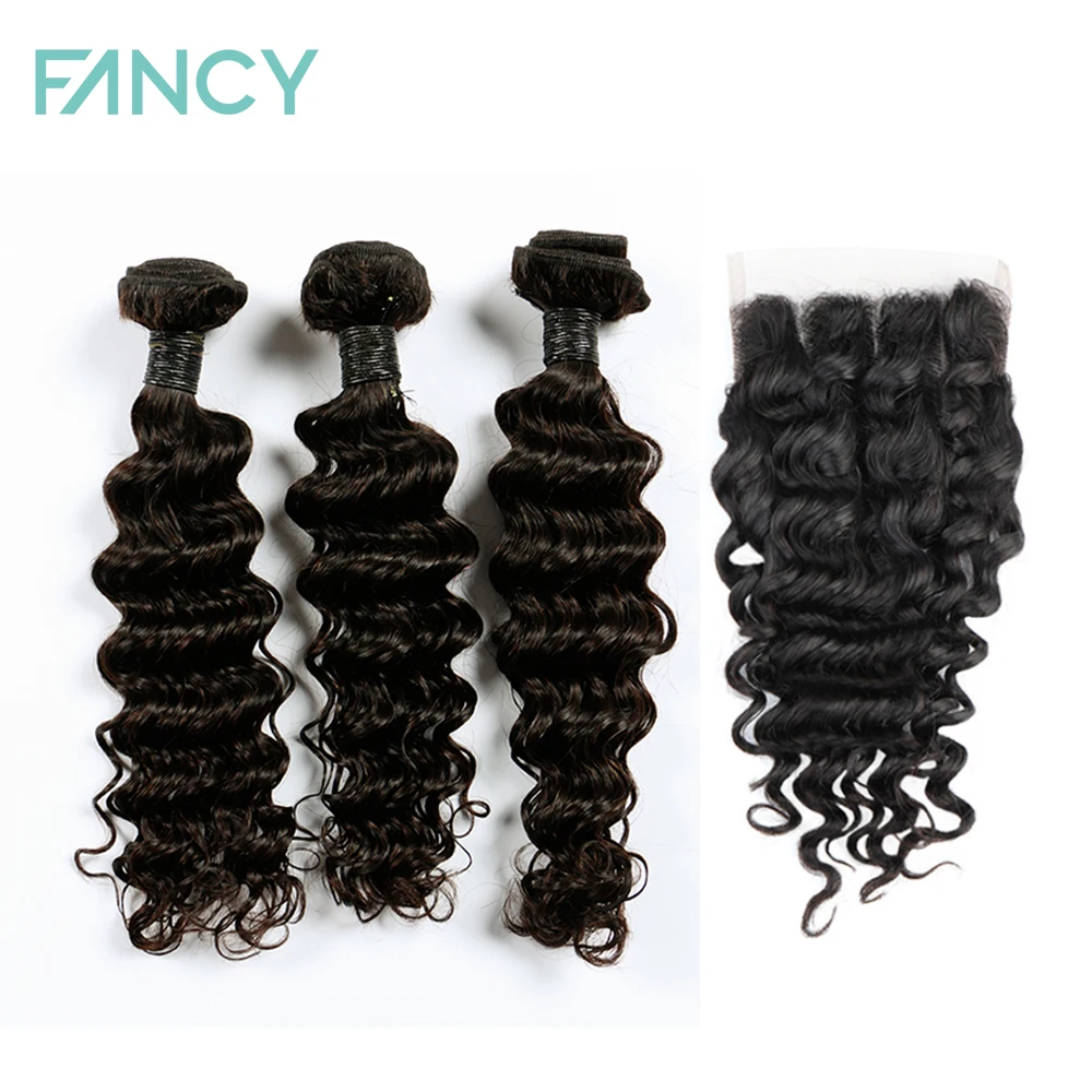 

3+1 Deep Wave Hair Weave Bundles Virgin Brazilian Human Hair Extension Deep Curly 3 Bundle with Closure Diy Wig 4x4 Lace Closure