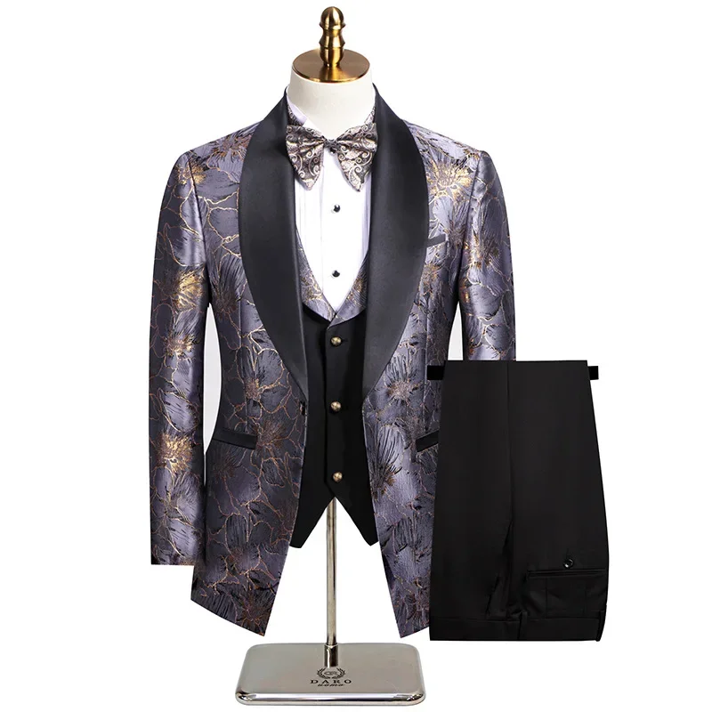Elegant Wedding 3 Piece Jacket Pants Vest Purple Male Suits Blazer