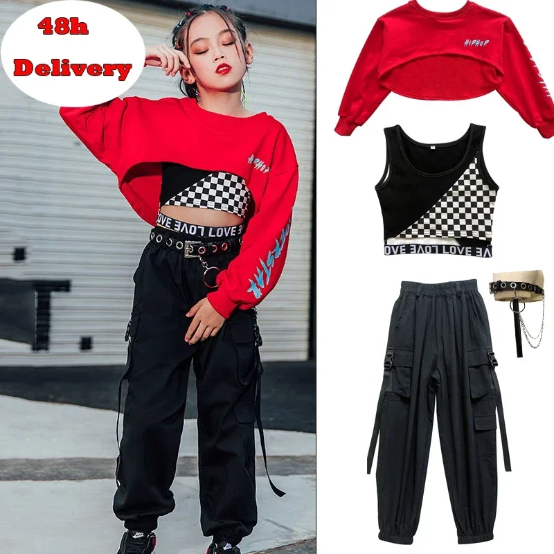 

Kids Red Top Black Loose Hiphop Pants Jazz Performance Dance Wear Festival Outfits Girls Hip Hop Dance Costumes