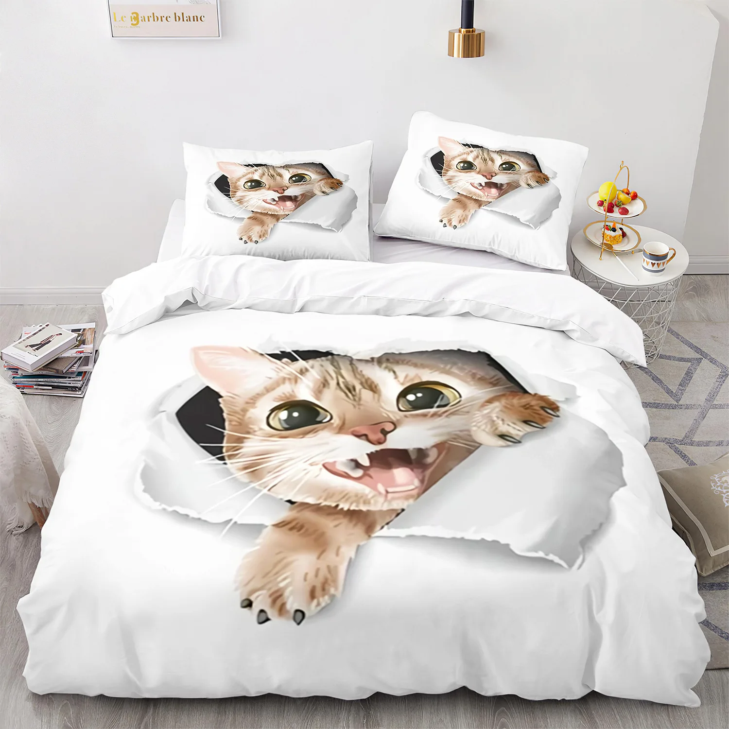 

Комплект постельного белья с милым котом и животными, 3D пододеяльник, наволочки, льняное одеяло, покрывало, комнатный декор, двуспальный, Королевский размер