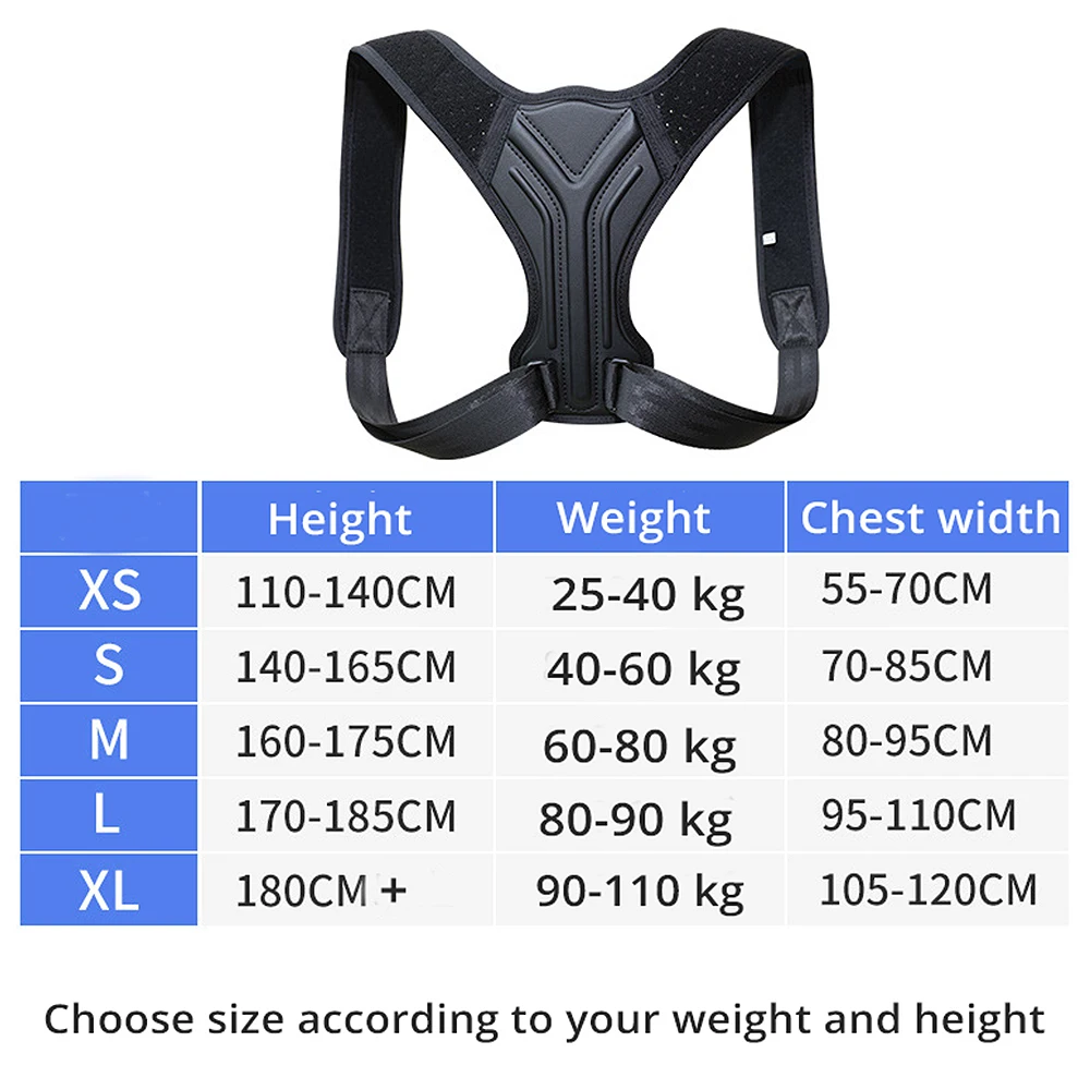 Size chart for the adjustable posture corrector showing sizes XS through XL matched to body weight ranges from 25kg to 110kg to help buyers select the correct size.