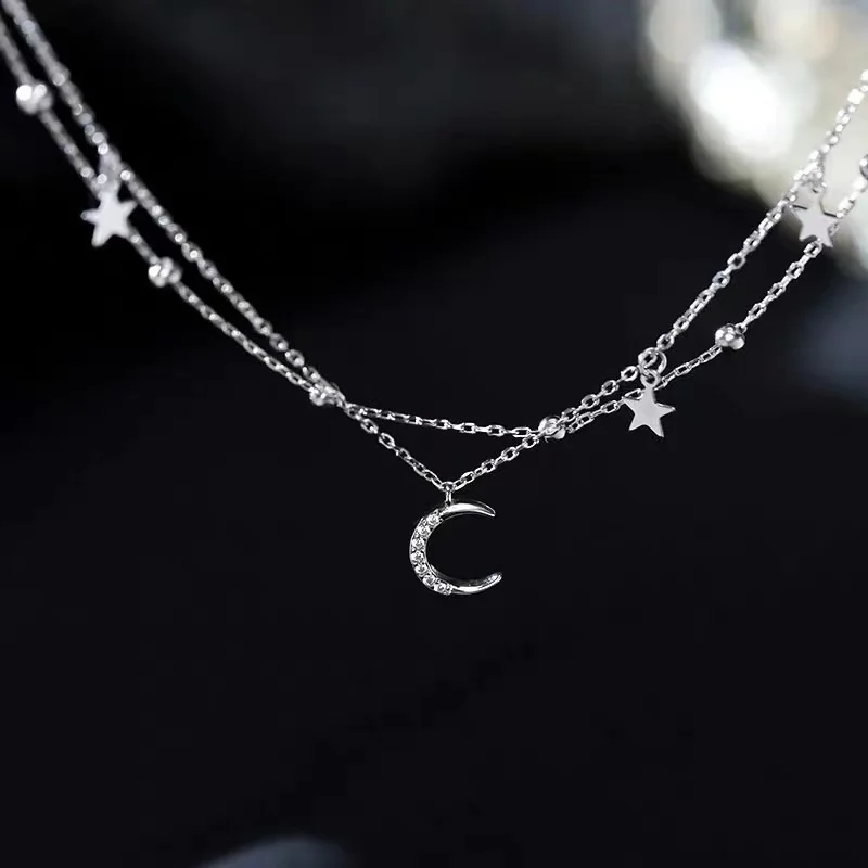 Silver Bracelet 925 Sterling Silver Star Moon Bracelet Geometric Double Layer Party Gift Women Jewelry