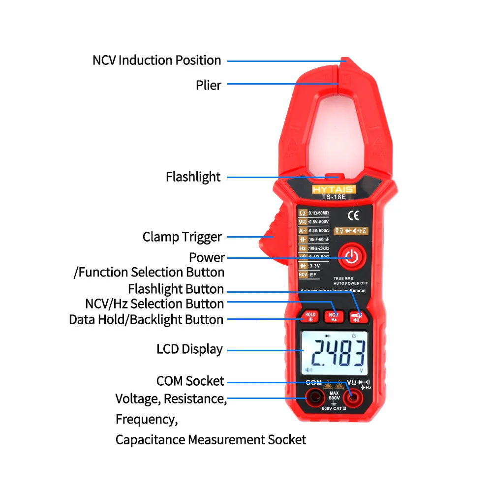6000 Counts Digital Clamp Multimeter TS18E True RMS AC DC Voltage Resistance Capacitance Frequency APO Gauge Tester Meter