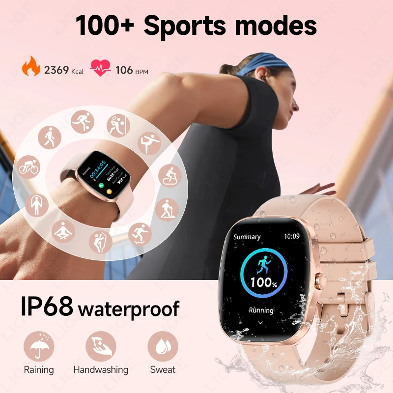 2026 Women Smartwatch HD Screen Bluetooth Call Sports Fitness Watches Heart Rate Monitor IP68 Waterproof Music Smart Watch Men 5