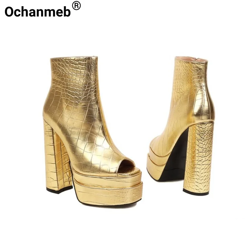 

Ochanmeb Golden Crocodile Leather Boots Brand Chunky Platform Thick High Heels Open Toe Boot Silvery Goth Shoes Woman Sexy 32-43