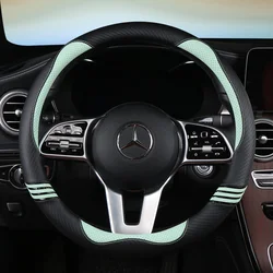 Premium Carbon Fibre Leather Steering Wheel Cover - Universal Fit (38cm) (GREEN  O SHAPE)