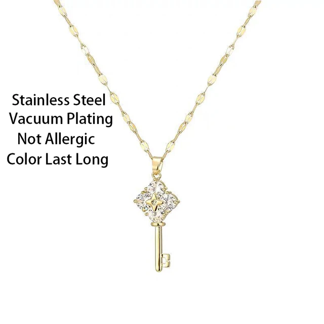 Collar de acero inoxidable con colgante de llave de circonita de cristal mujer, joyería de cadena de clavícula de dorado, coreano _ AliExpress Mobile