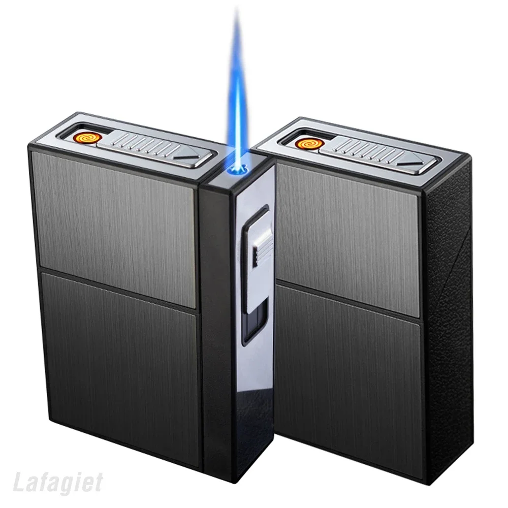

2 In 1 Cigarette Case Inflatable Gas USB Lighter， Hold 20pcs Cigarettes Storage Pocket Box Windproof Rechargeable Coil Lighter