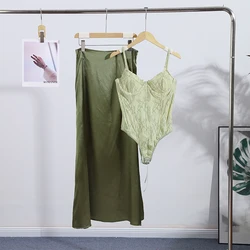 Elegant Women's Two - Piece Suit with V - Neck Lace - Up Top and A - Line Long Skirt - XS (Suit 01)