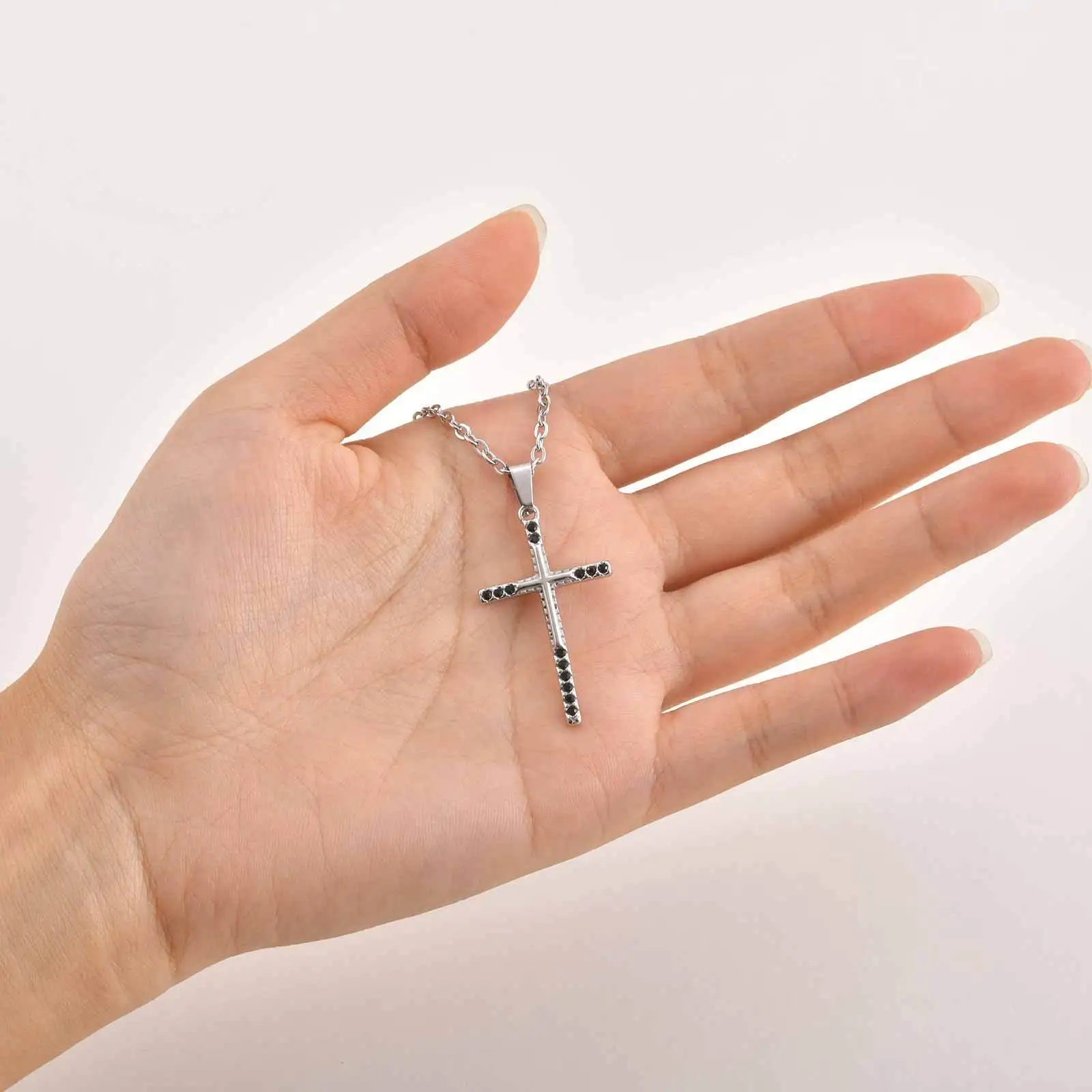 Minimalist Cross Necklace for Men Boys,Stainless Steel Black Crystal Zircon Cross Pendant,Gift for Husband Boyfriend Brother