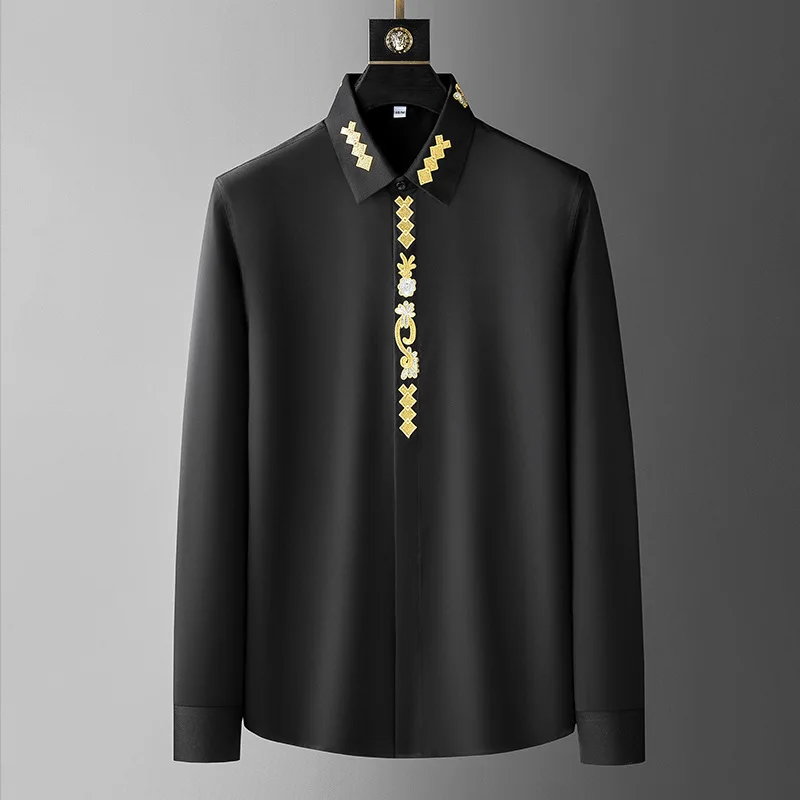 Men New Spring High-quality Shirt Classic Lapel Temperament Lace Embroidery Fashion Casual Business Commuting All-fit Top