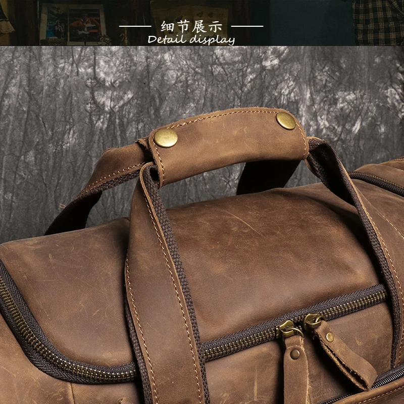 Retro Brown Men's Hand Luggage Bag Crazy Horse Leather Large Capacity Travel Bag Business Weekend One Shoulder Messenger Bag 5