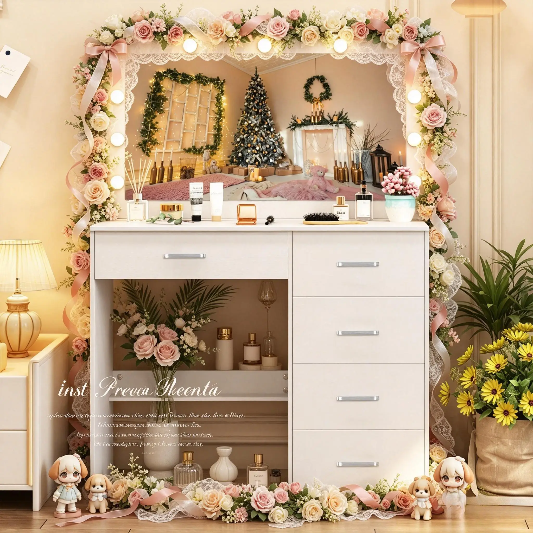 White LED Vanity Set, 11 LED Bulbs 3 Color Mirror, 5 Drawers Sturdy Frame Bedroom Easy Assembly