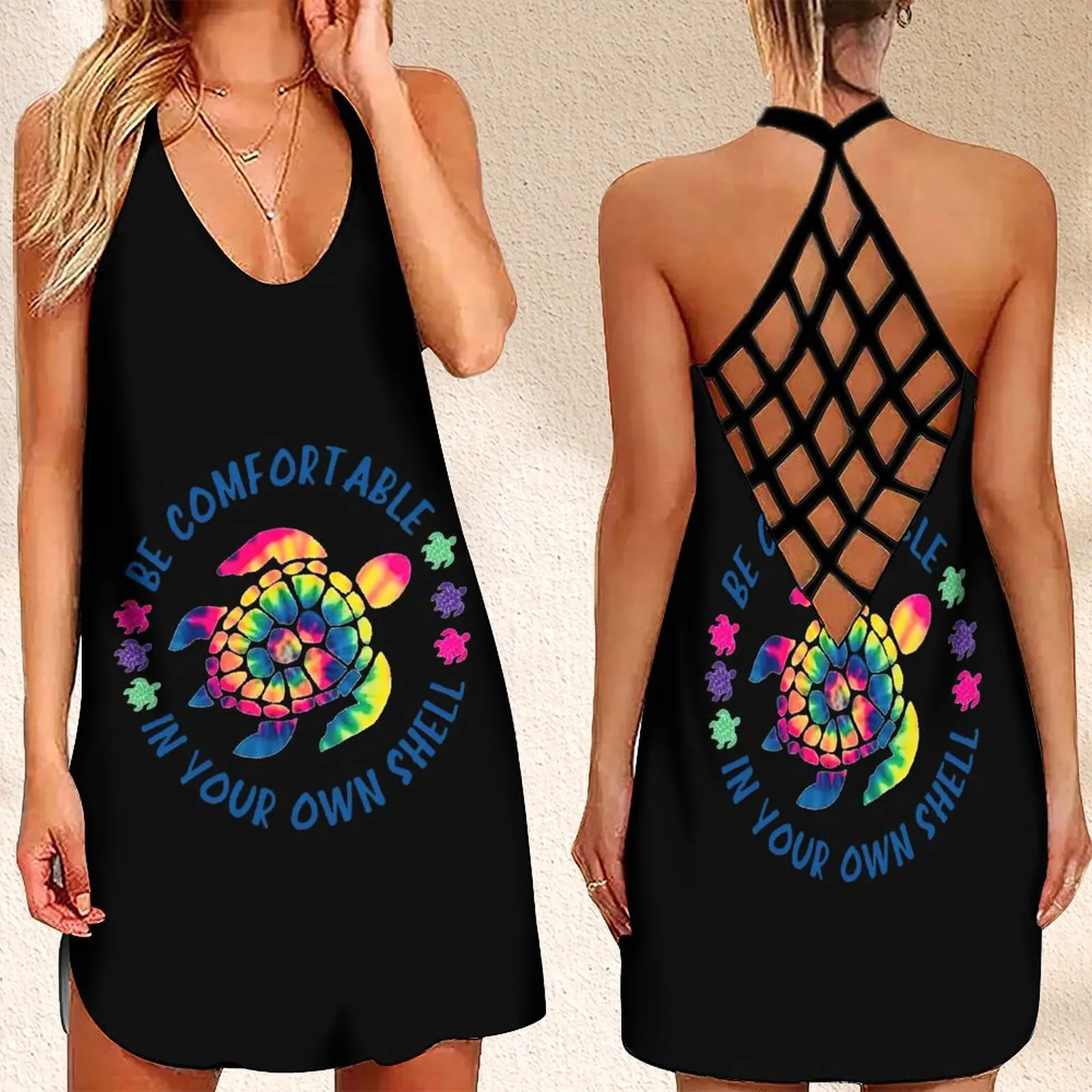 

New Women's Criss Cross Backless Sleeveless Dress Summer Turtle Hawaii Print Women Clothing