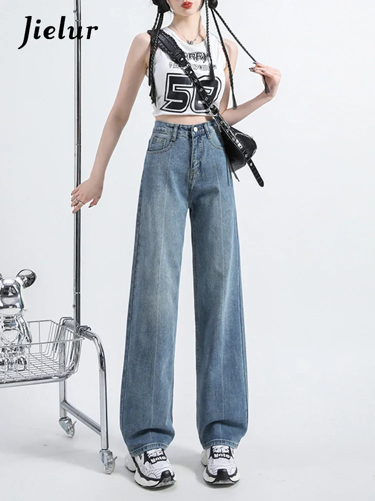 

Jielur Summer Vintage Simple Straight Female Jeans Slim Full Length High Waist Women’s Wide Leg Pants Casual Chic Office Ladies