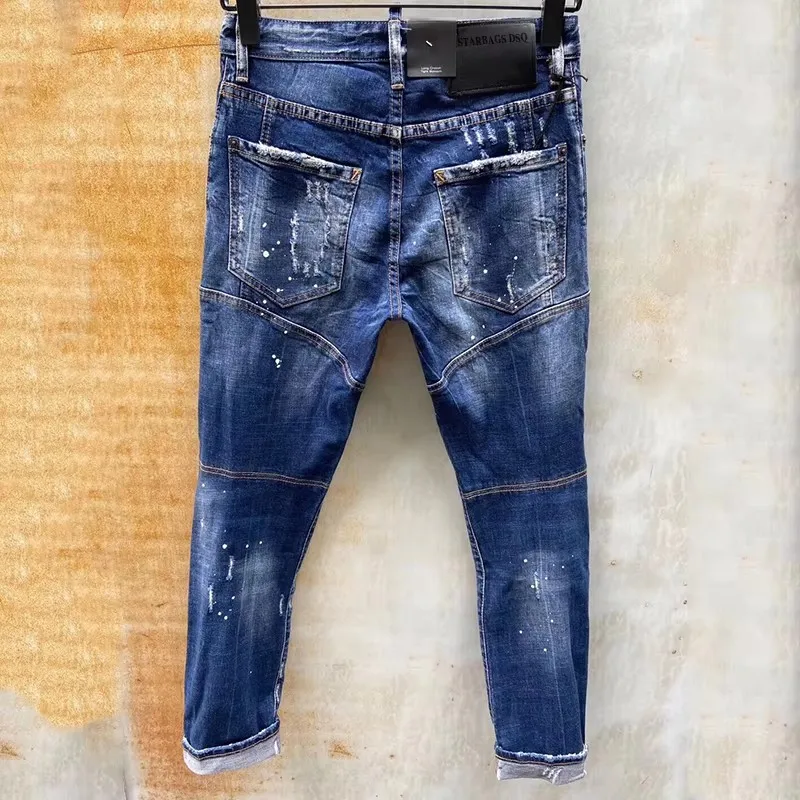 Men's jeans starbags dsq T121 white wash cat wear holes Korean quadratic slim-fit jeans fashionable punk torn paint pants men