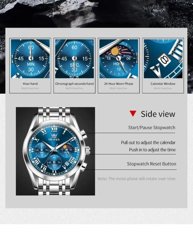 OLEVS 2871 Men's Watches Solid Steel Strap Luxury Original Quartz Wrist Watches For Man Waterproof 24 Hrs Moon Phase Chronograph