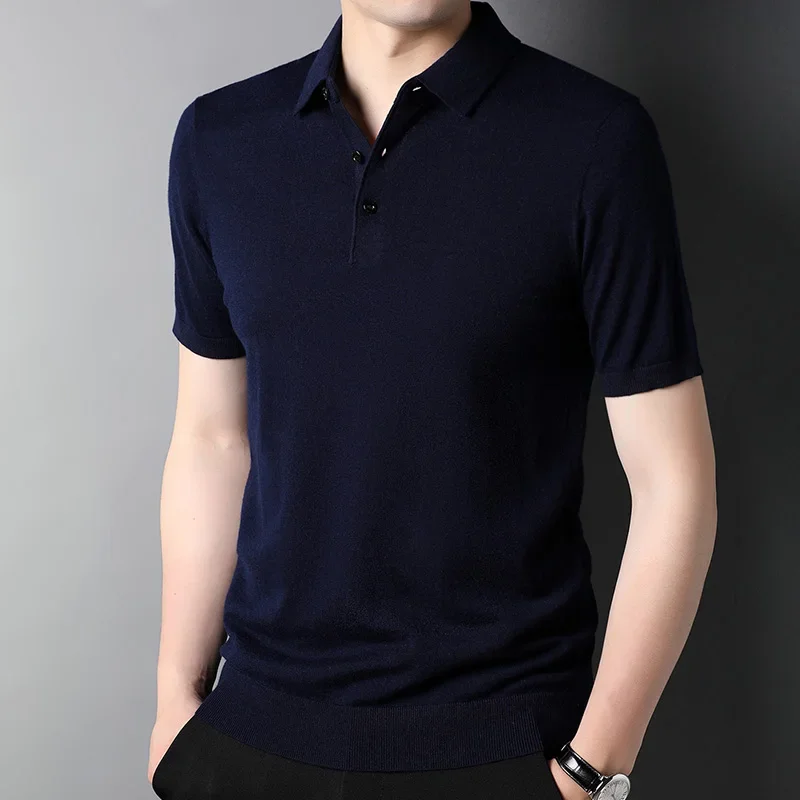 남성용 폴로 칼라 얇은 반팔 스웨터, 100% 순모 니트 셔츠, 봄 및 여름