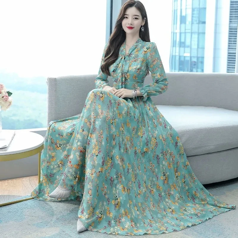 

Bow V-neck Long-sleeved Dress Women 2023 Spring Autumn New Temperament Slim Pullover Dresses Female Waist Versatile Floral Skirt