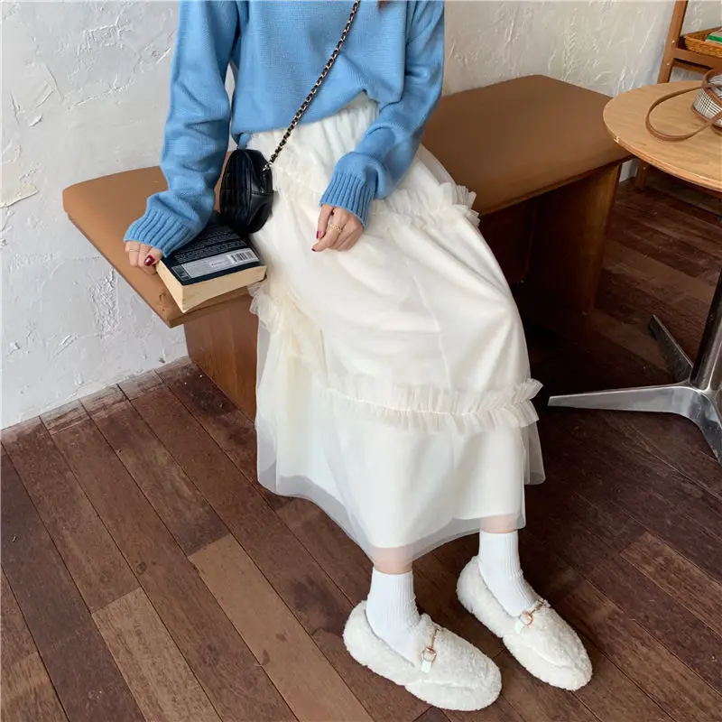 

Women's Long Lace Tulle Skirt Korean Style Fashion Fairycore Clothes Vintage Y2k Casual Beach Clothing for Girl Ladies