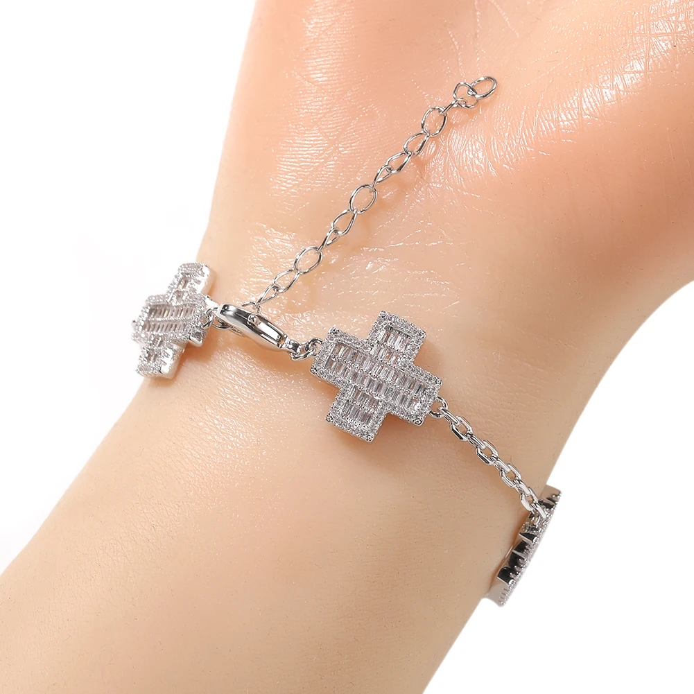 TBTK Bold Baguettecz Cross Bracelet Micro Paved Out Cubic Zirconia Charm Link Best Gift For Women Girl Hiphop Jewelry