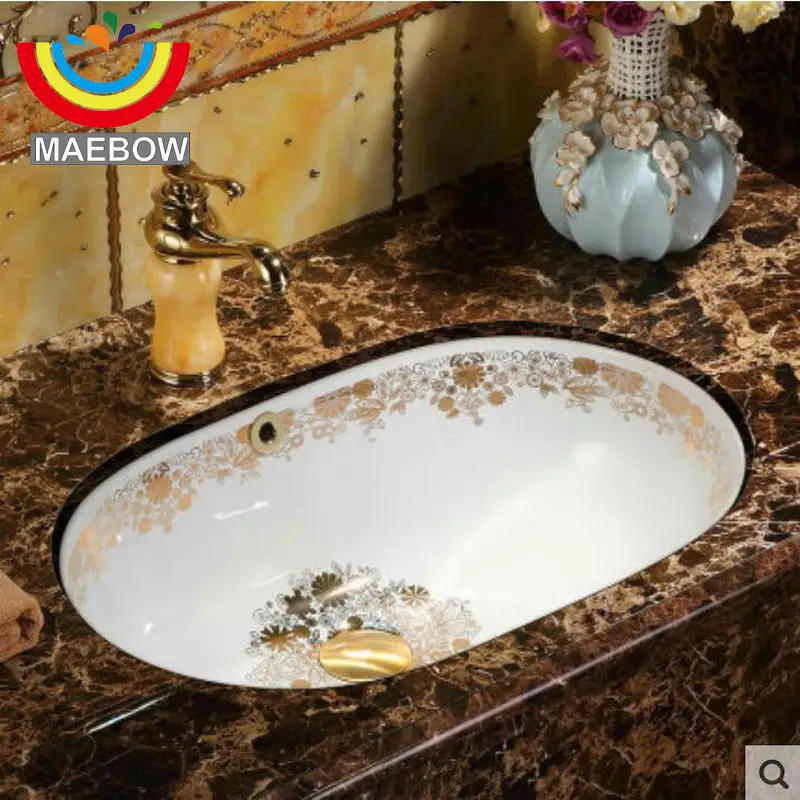 MAEBOW ศิลปะอ่างล้างจานดอกทานตะวันรูปสี่เหลี่ยมผืนผ้า Undercounter รูปไข่อ่างล้างหน้าเซรามิคตกแต่งบ้านห้องน้ําอ่างล้างจาน 1