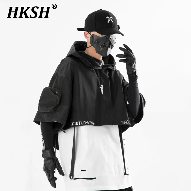 

HKSH Heavy Industry Spring Summer New Men's Dark Waistcoat Functional Punk Hooded Shawl Loose Casual Hip Hop Short Sleeve HK0185