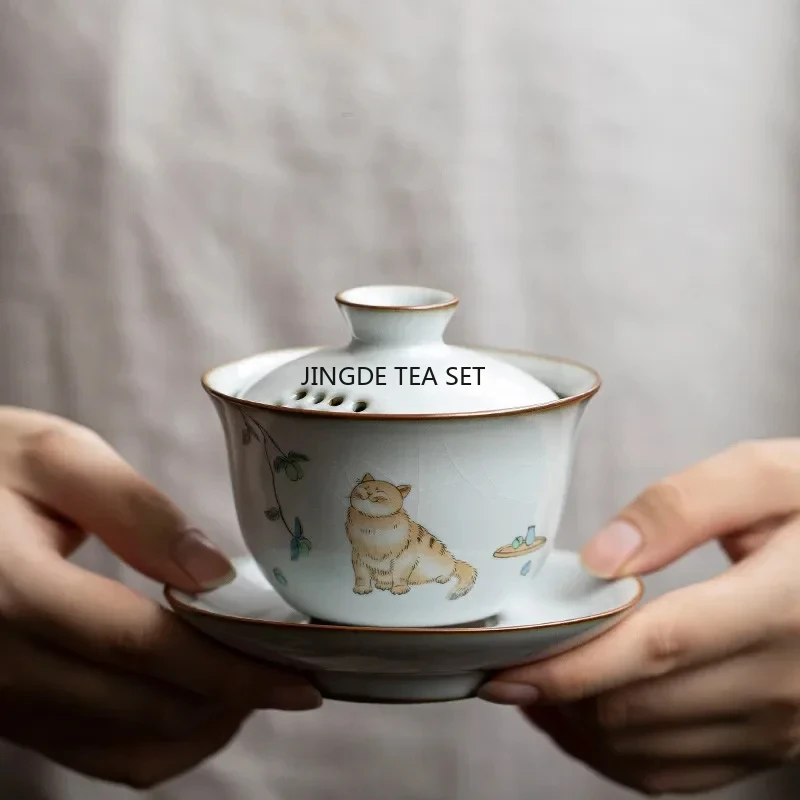150ml Chinese Ru Kiln Ceramic Cover Bowl Cute Cat Pattern Filter Tea Cup Travel Portable Tea Bowl
