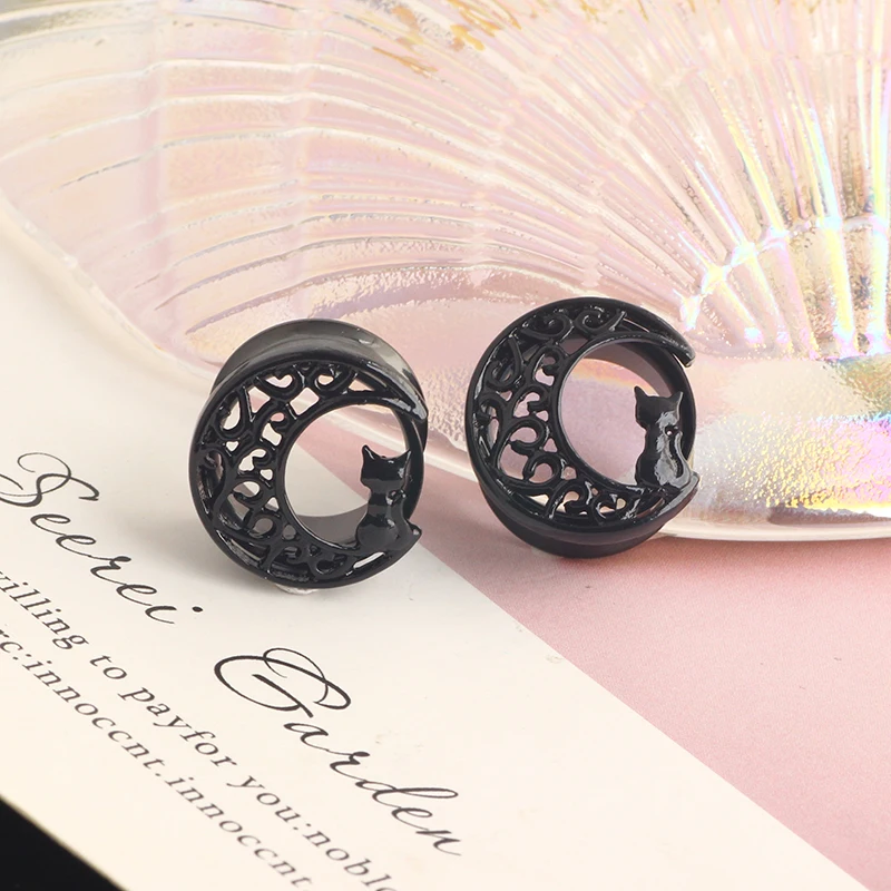 wholesales 6-16mm black cat on moon stainlesss steel ear tunnels and plugs double flare earrings gauges stretcher kit body pierc