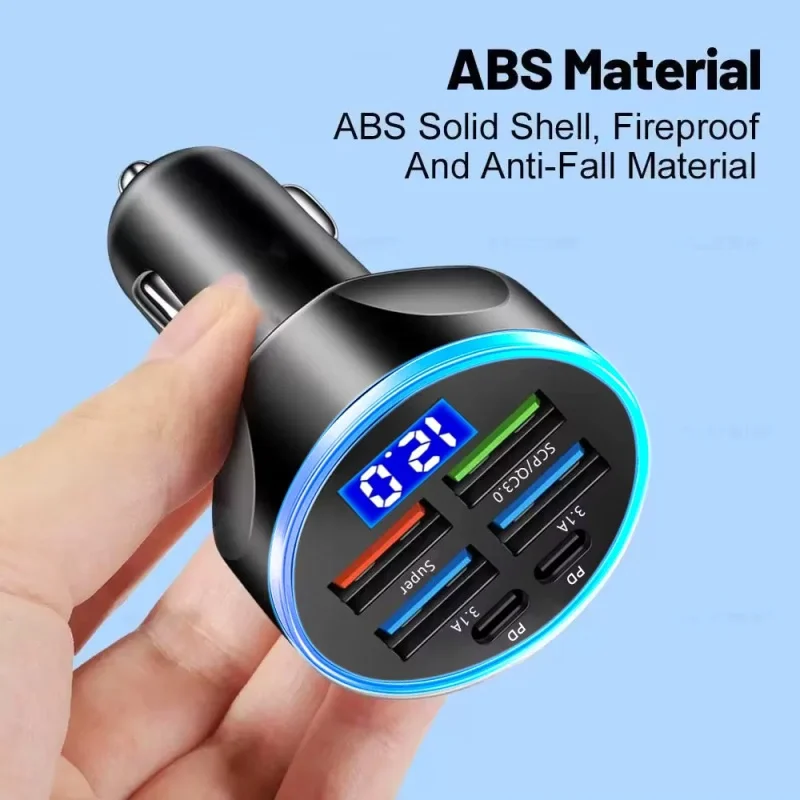 250W PD Car Charger QC3.0 Fast Charge One to Six Car Cigarette Lighter Plug 5 Port Car Charger Flash Charge with Digital Display - 5