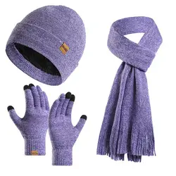 Winter Hat Scarf Gloves Set Thick Knitted Soft Warm Ear Protection Windproof Outdoor Thermal Cap Scarf Touch Screen Gloves Set